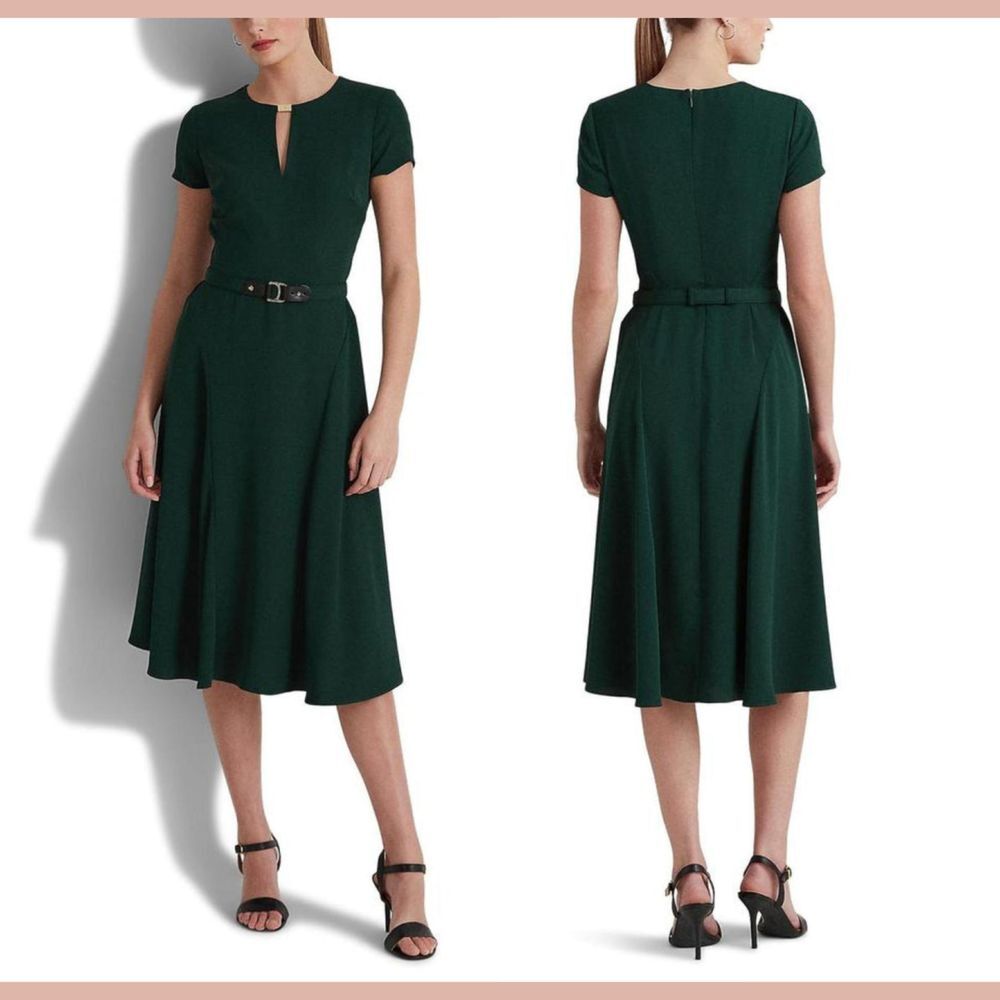 NWD $145 Lauren Ralph Lauren [ 4 ] Short Sleeve Georgette Dress in Green‎ U1258